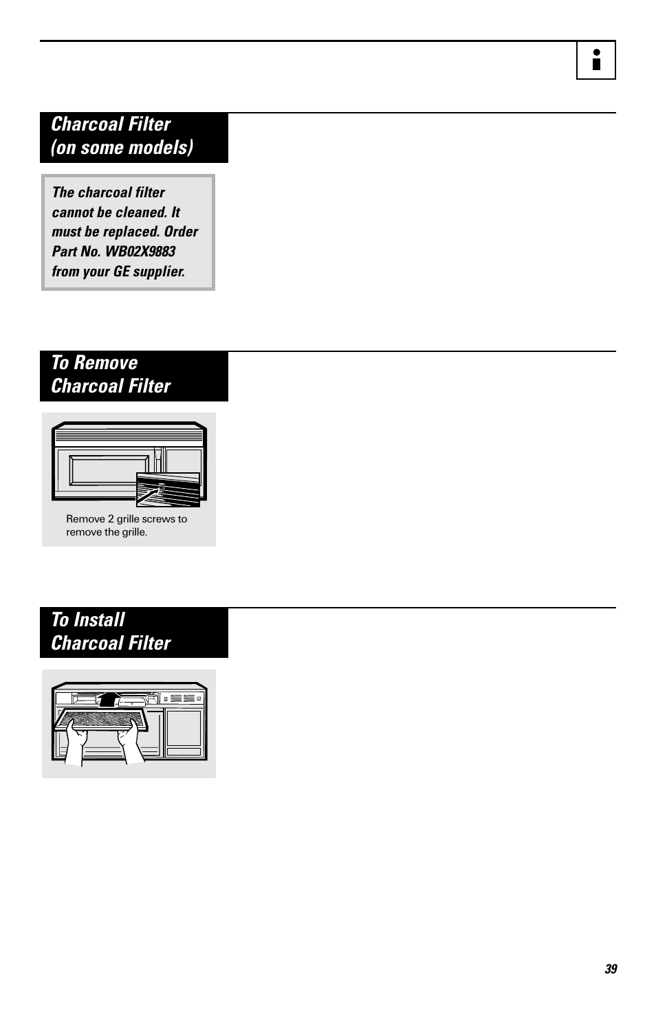 Charcoal filter (on some models) | GE EMO3000 User Manual | Page 39 / 44