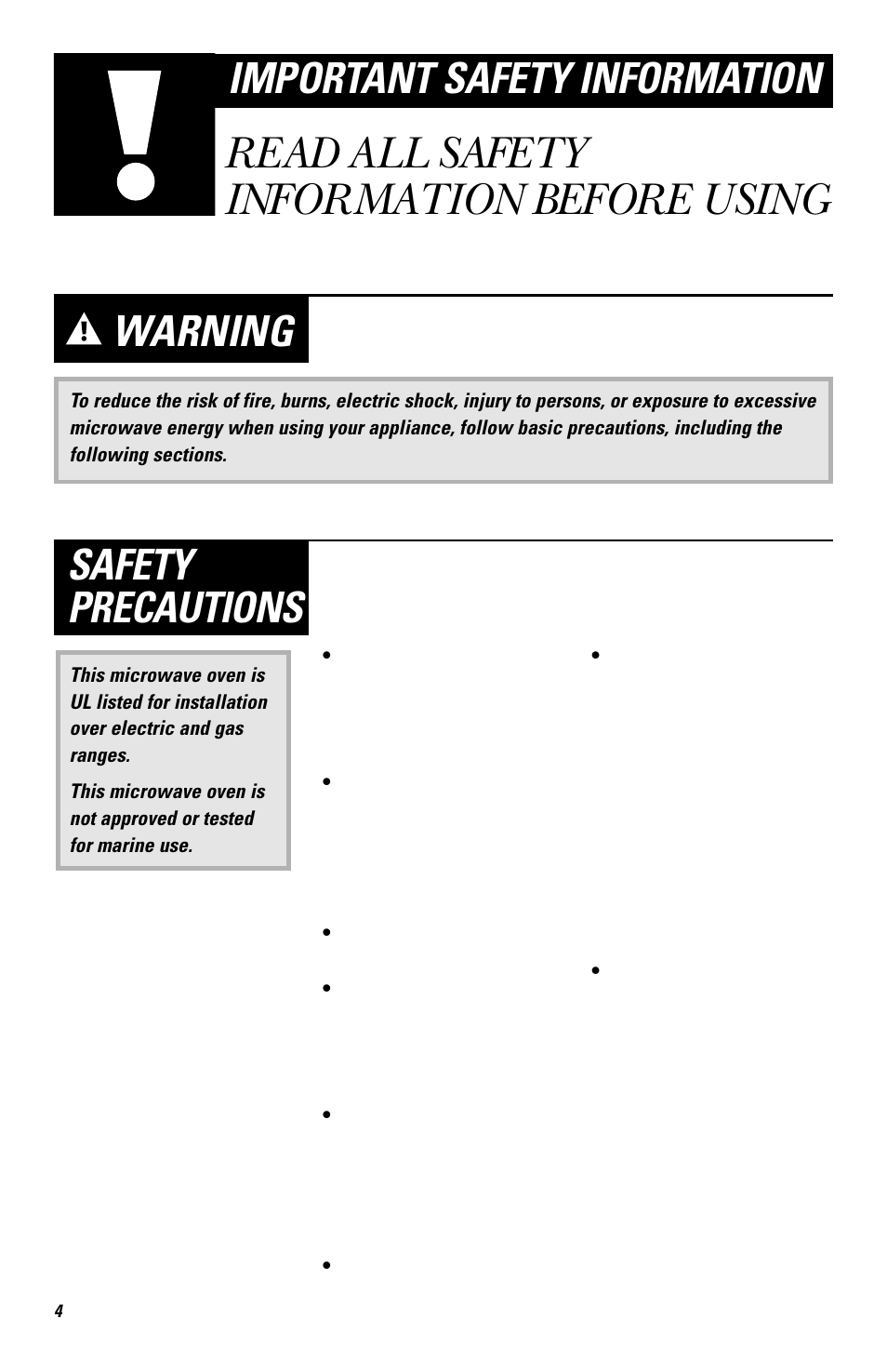 Read all safety information before using, Warning, Safety precautions | Important safety information | GE EMO3000 User Manual | Page 4 / 44