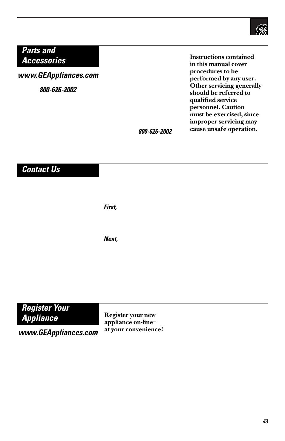 Parts and accessories, Contact us register your appliance | GE EMO3000 User Manual | Page 43 / 44