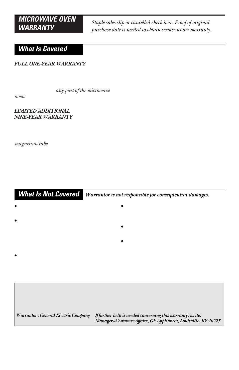 Warranty, Warranty back, Cover | GE EMO3000 User Manual | Page 44 / 44