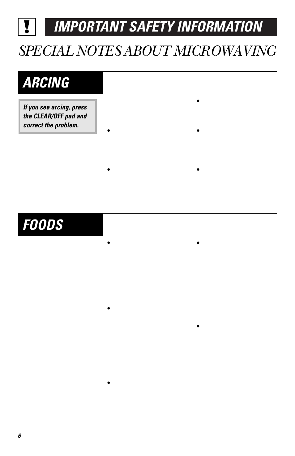 Special notes about microwaving, Important safety information, Arcing | Foods | GE EMO3000 User Manual | Page 6 / 44