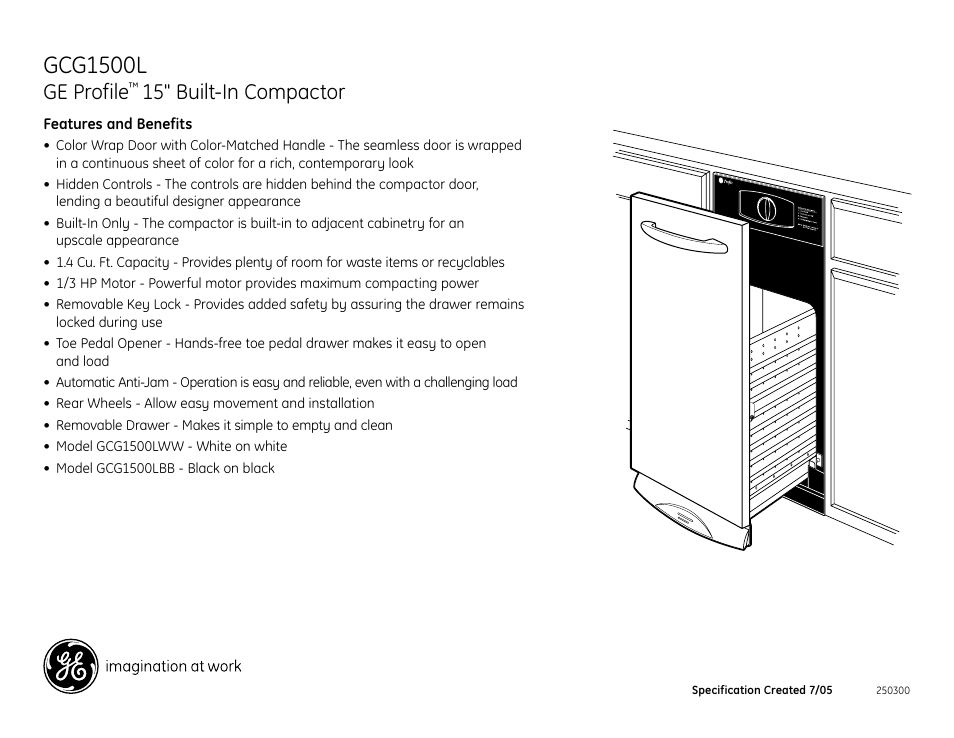 Gcg1500l, Ge profile, 15" built-in compactor | GE PROFILETM GCG1500L User Manual | Page 2 / 2