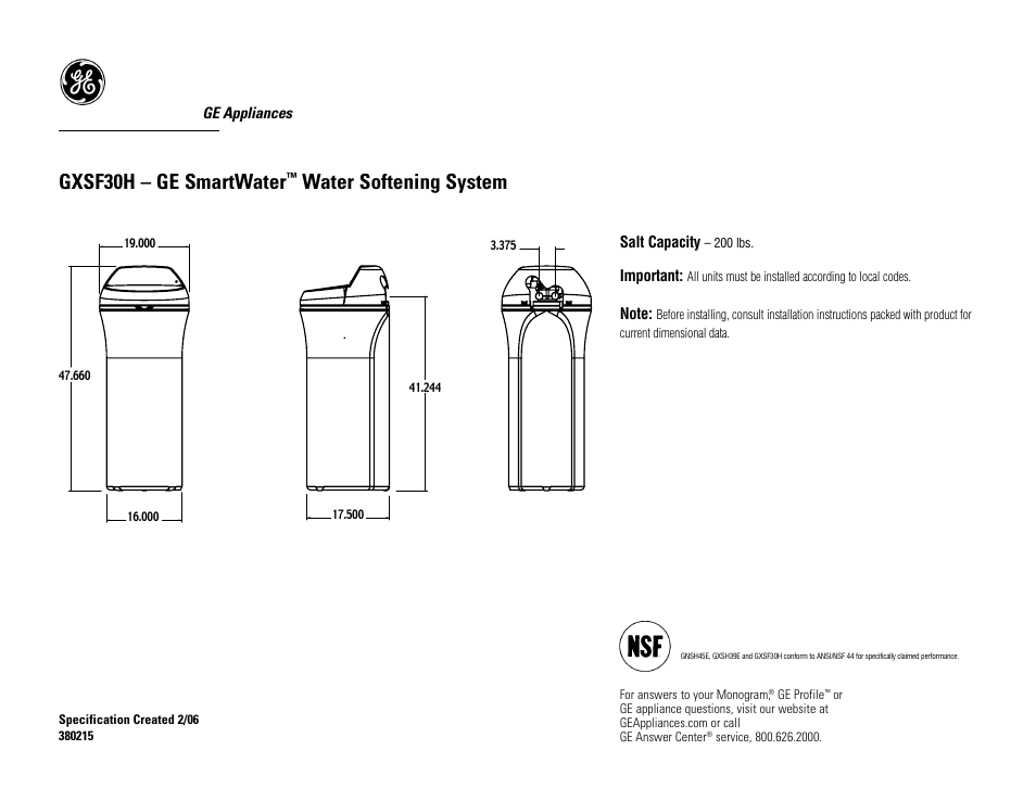 GE GXSF30H User Manual | 2 pages