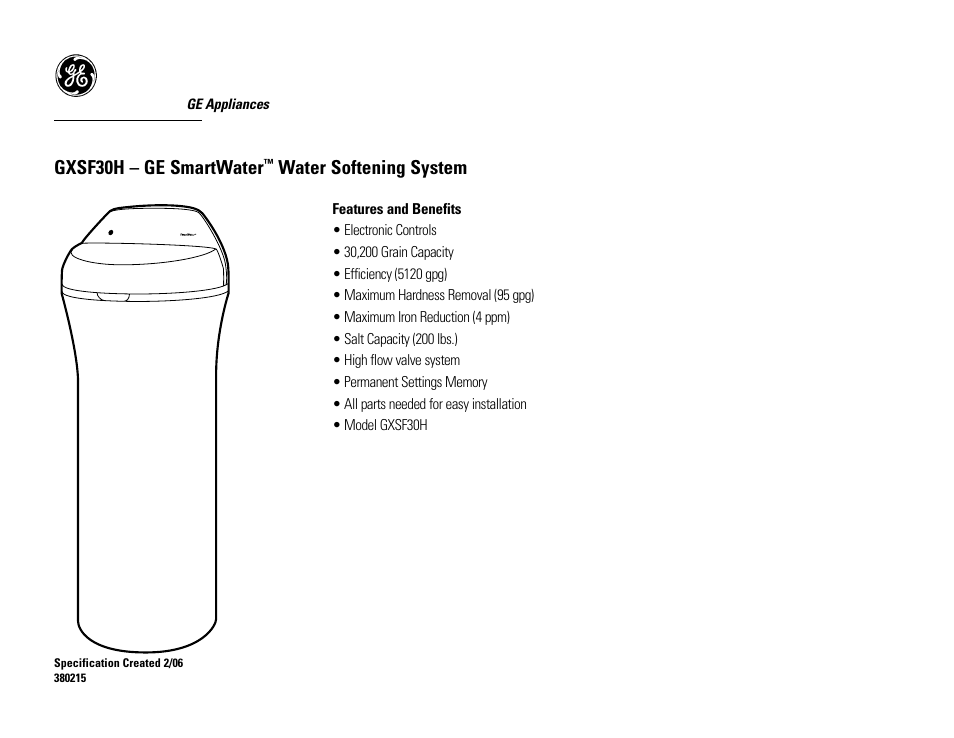 Gxsf30h – ge smartwater, Water softening system | GE GXSF30H User Manual | Page 2 / 2