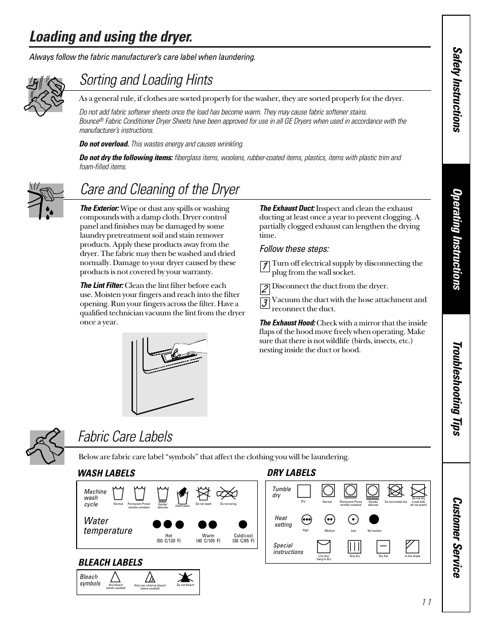 Loading and using the dryer, Sorting and loading hints, Care and cleaning of the dryer fabric care labels | Follow these steps, Water temperature, Wash labels dry labels bleach labels | GE Profile 465 User Manual | Page 11 / 52