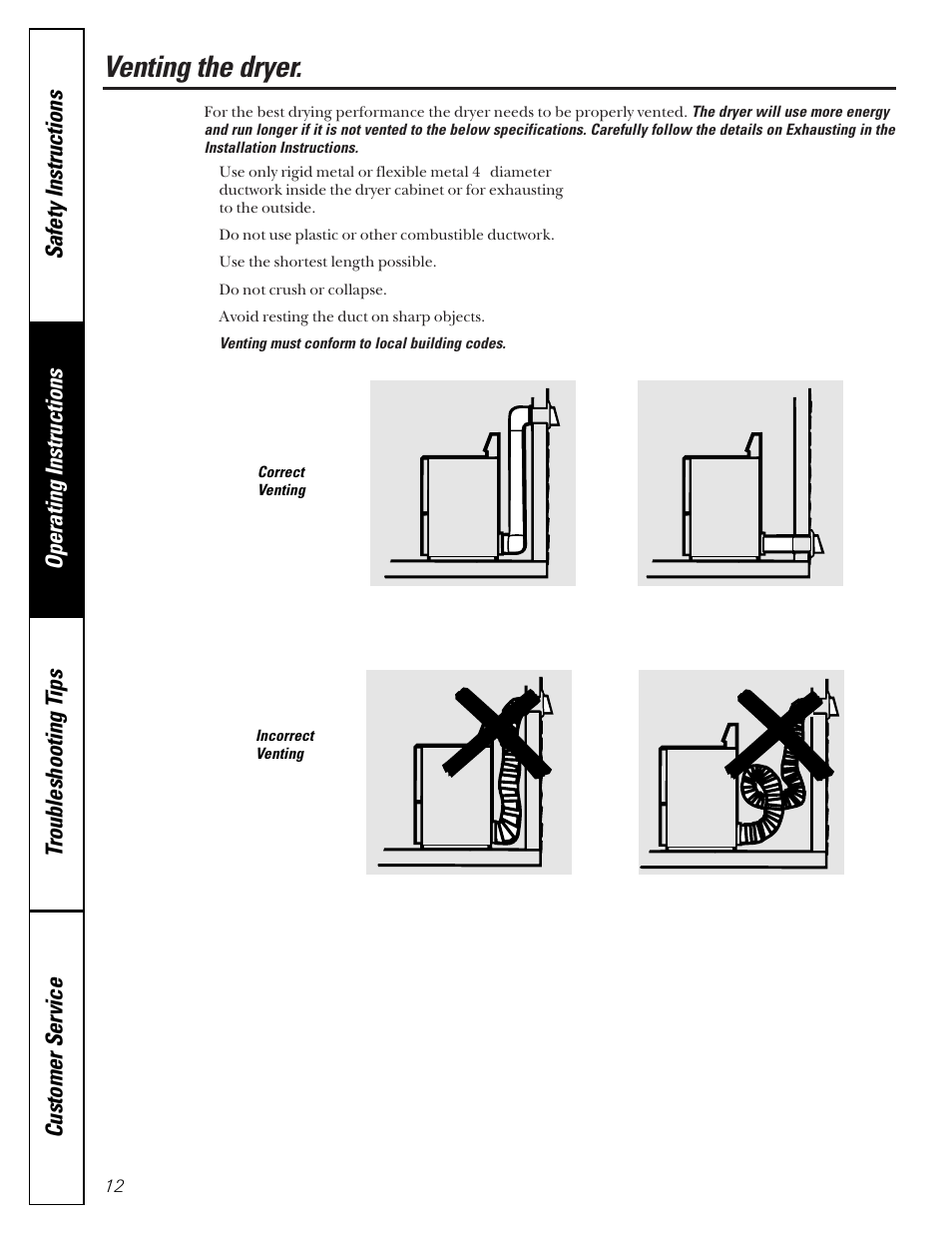 Venting the dryer | GE Profile 465 User Manual | Page 12 / 52