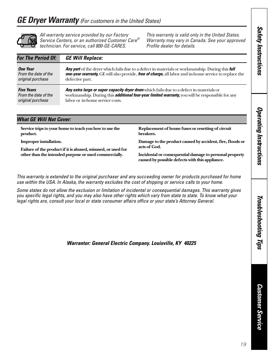 Warranty for customers in the u.s.a, Ge dryer warranty | GE Profile 465 User Manual | Page 19 / 52