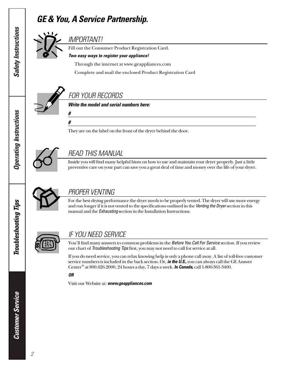 Ge & you, a service partnership, For your records, Read this manual proper venting | If you need service, Important | GE Profile 465 User Manual | Page 2 / 52