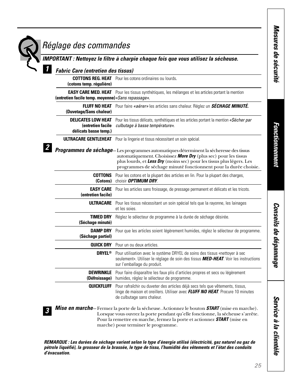 Réglage des commandes | GE Profile 465 User Manual | Page 25 / 52