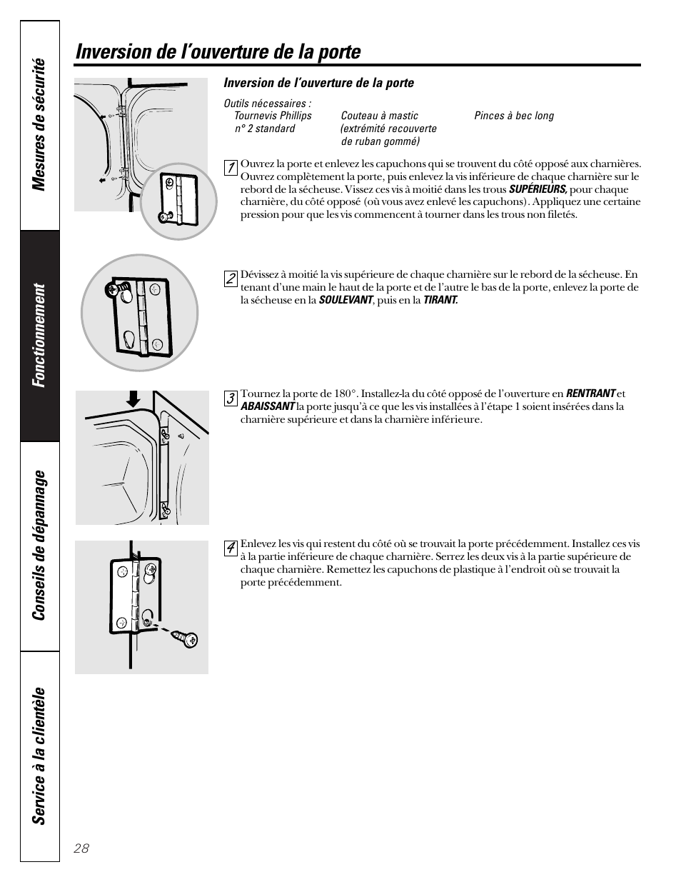Inversion de l’ouverture de la porte | GE Profile 465 User Manual | Page 28 / 52