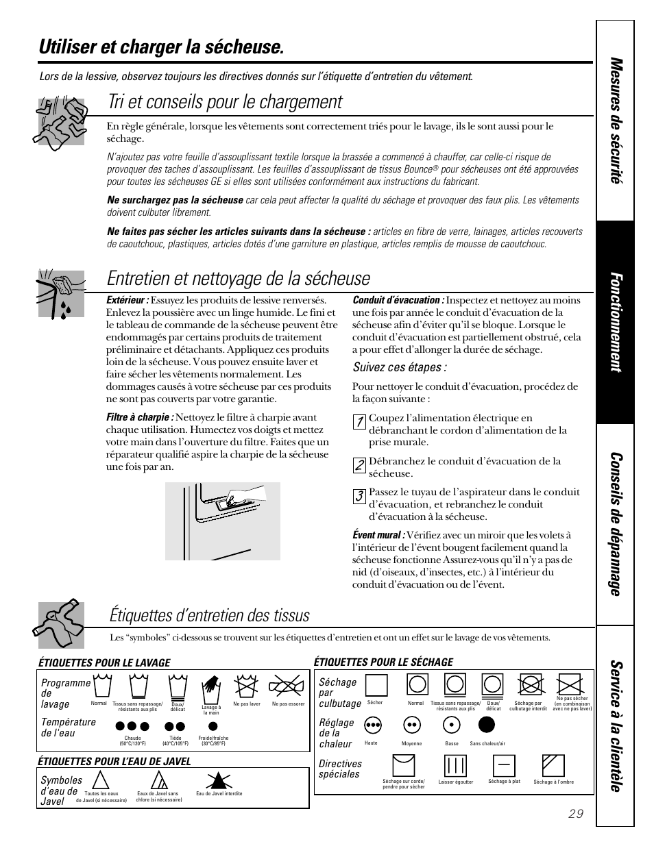 Utilisation de la sécheuse, Utiliser et charger la sécheuse, Tri et conseils pour le chargement | Entretien et nettoyage de la sécheuse, Étiquettes d’entretien des tissus, Suivez ces étapes | GE Profile 465 User Manual | Page 29 / 52