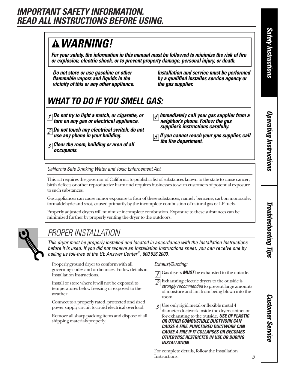 Safety information, Warning, Proper installation | What to do if you smell gas | GE Profile 465 User Manual | Page 3 / 52