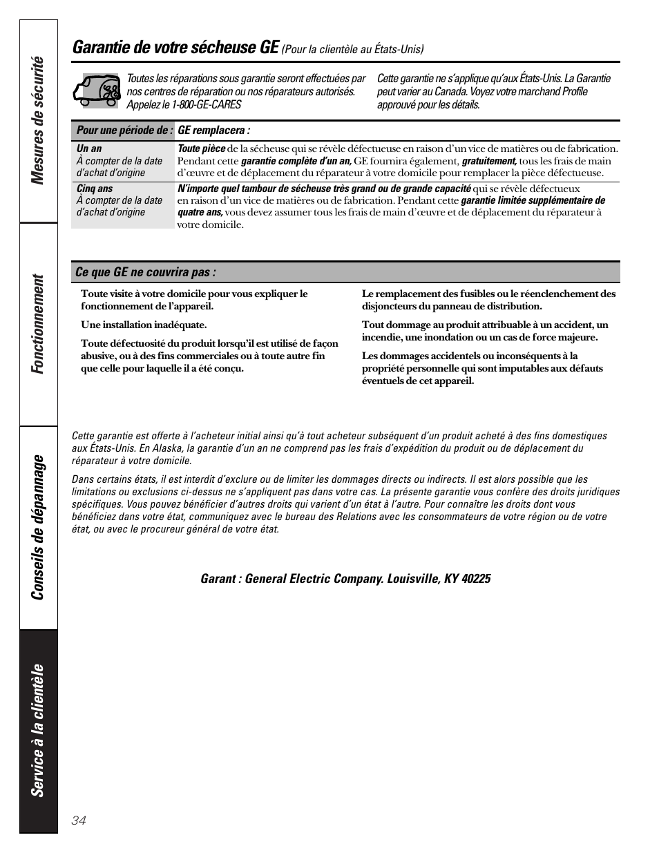 Garantie pour la clientèle aux étas-unis, Garantie pour la clientèle aux états-unis, Garantie de votre sécheuse ge | GE Profile 465 User Manual | Page 34 / 52