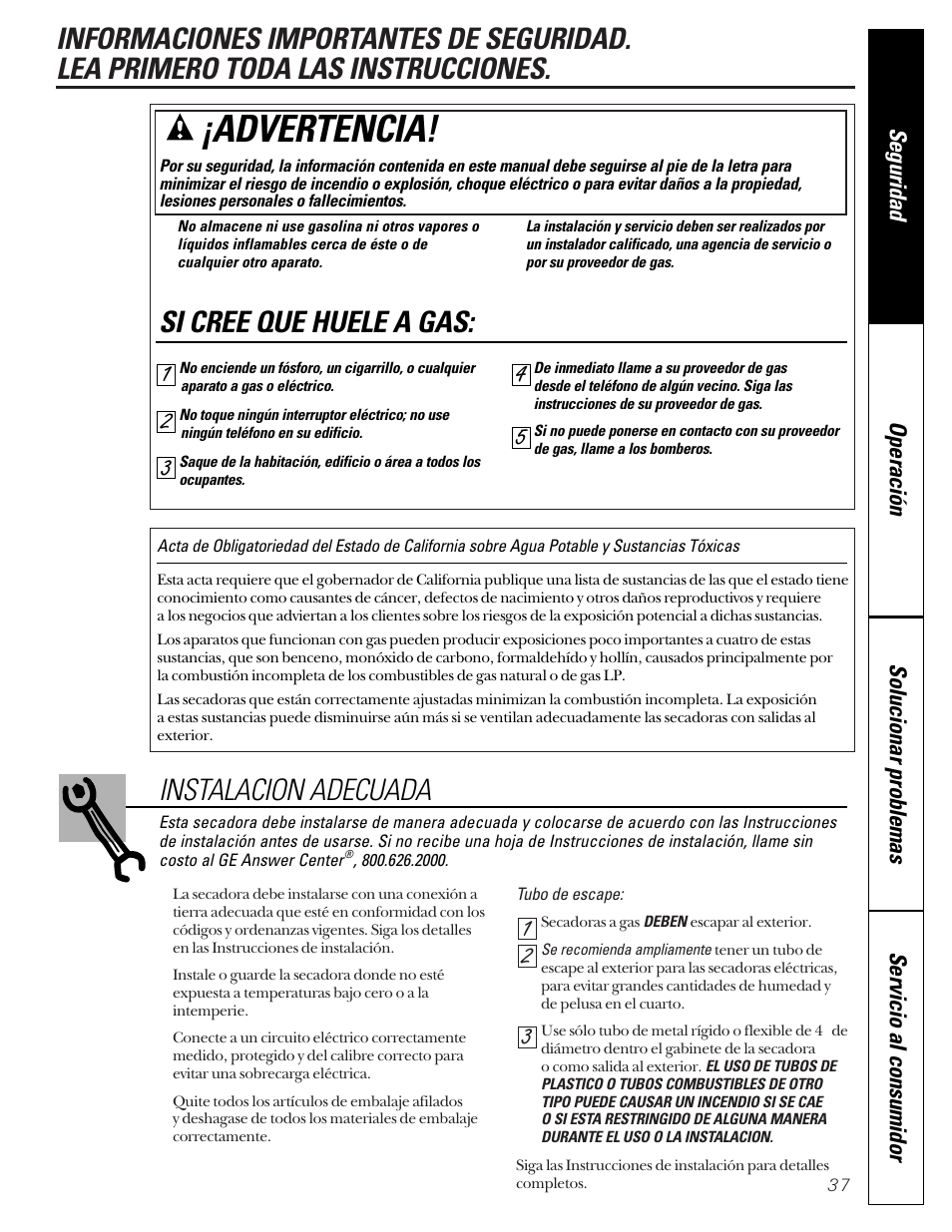 Información de seguridad, Advertencia, Si cree que huele a gas | Instalacion adecuada | GE Profile 465 User Manual | Page 37 / 52