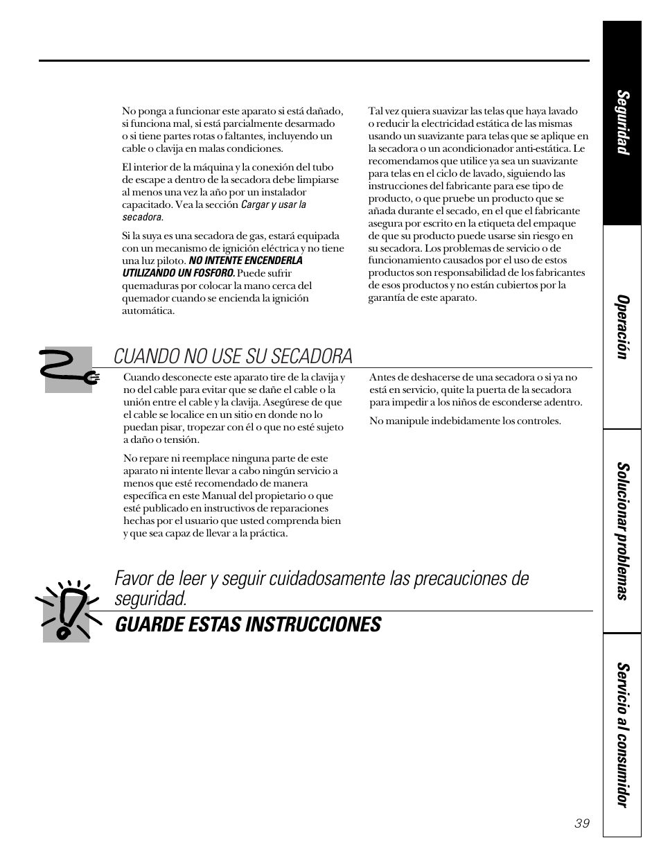 Cuando no use su secadora | GE Profile 465 User Manual | Page 39 / 52