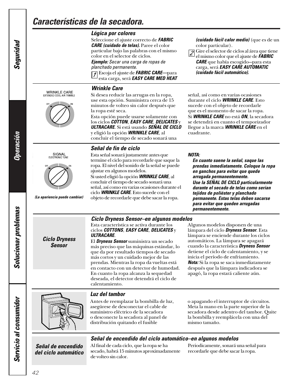 Características, Características , 43, Características de la secadora | GE Profile 465 User Manual | Page 42 / 52