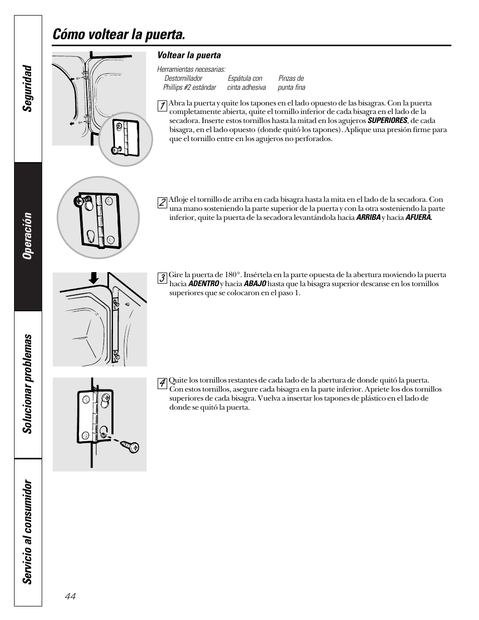 Voltear la puerta, Cómo voltear la puerta | GE Profile 465 User Manual | Page 44 / 52