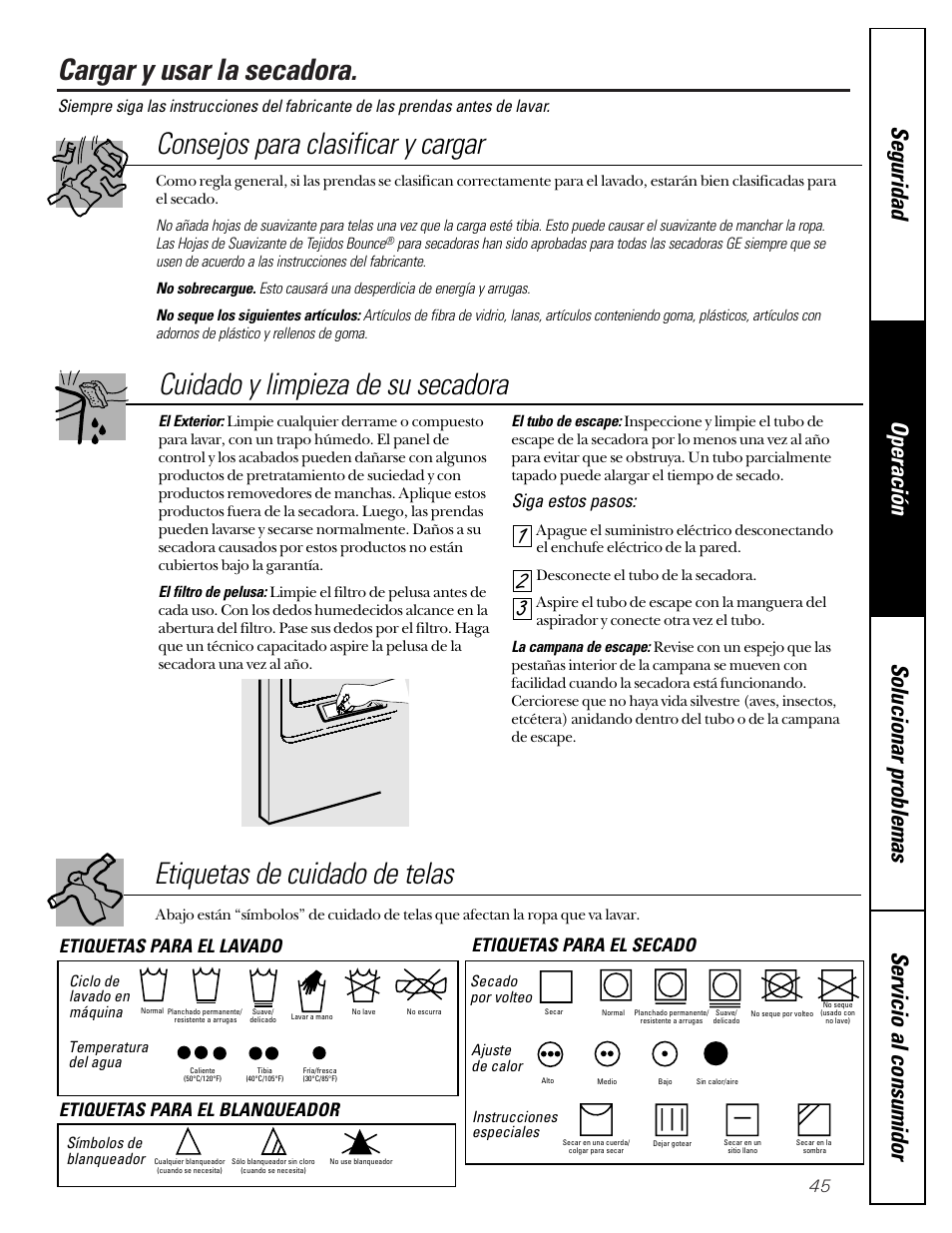 Cargar y usar la secadora, Consejos para clasificar y cargar, Siga estos pasos | GE Profile 465 User Manual | Page 45 / 52
