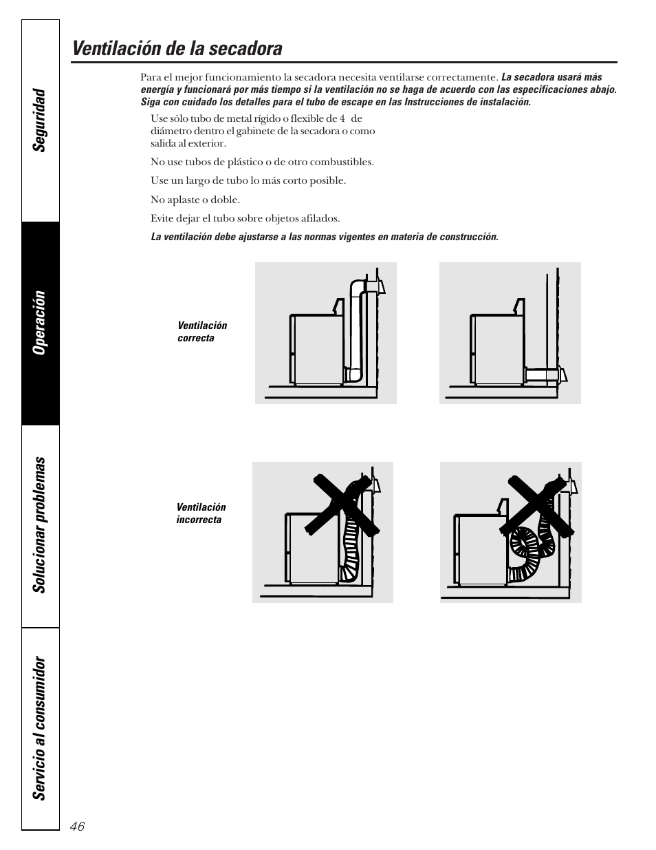 Ventilación de la secadora | GE Profile 465 User Manual | Page 46 / 52