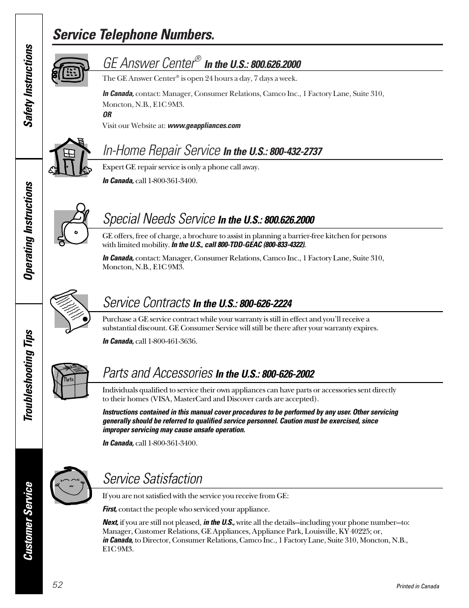Service telephone numbers, Ge answer center, In-home repair service | Special needs service, Service contracts, Parts and accessories, Service satisfaction | GE Profile 465 User Manual | Page 52 / 52