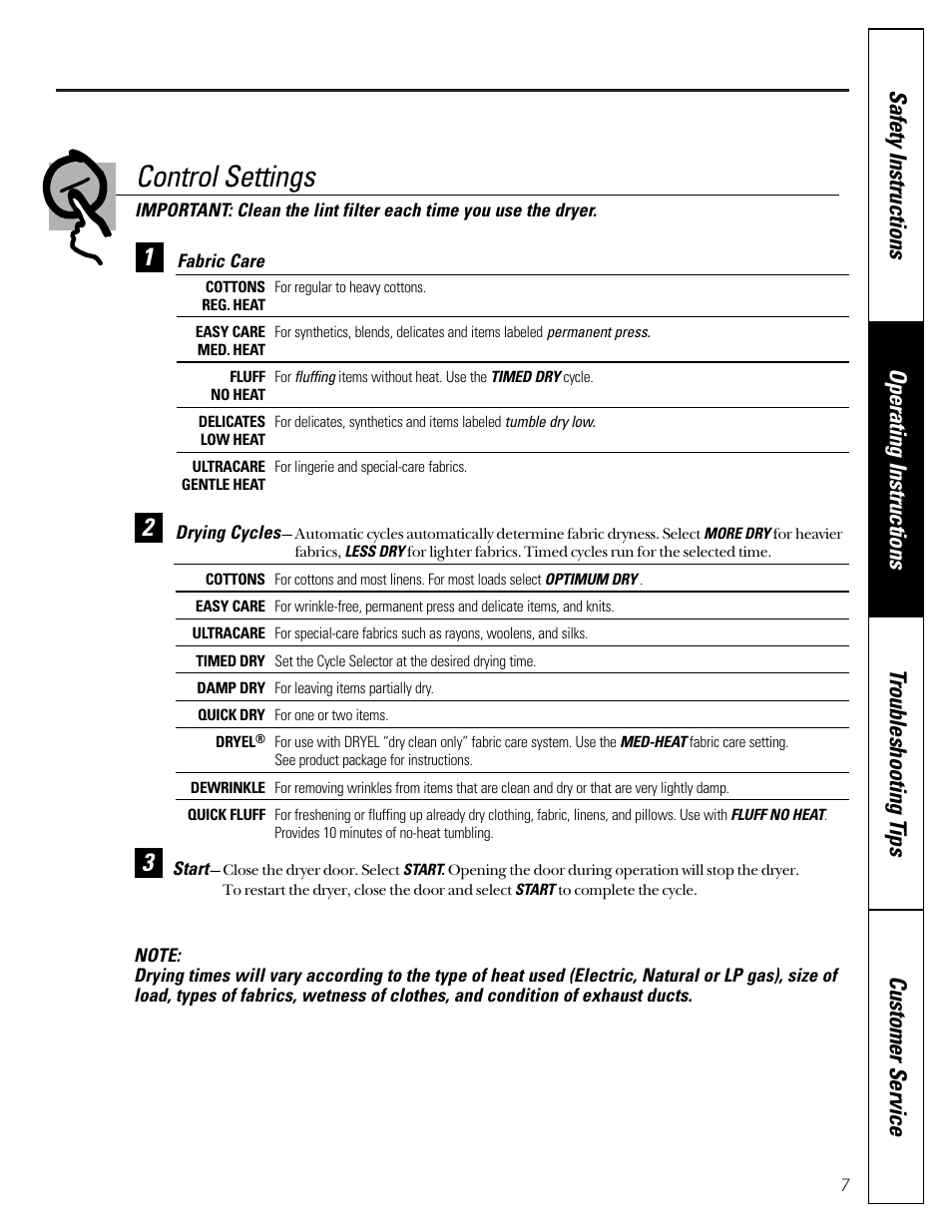 Control settings | GE Profile 465 User Manual | Page 7 / 52