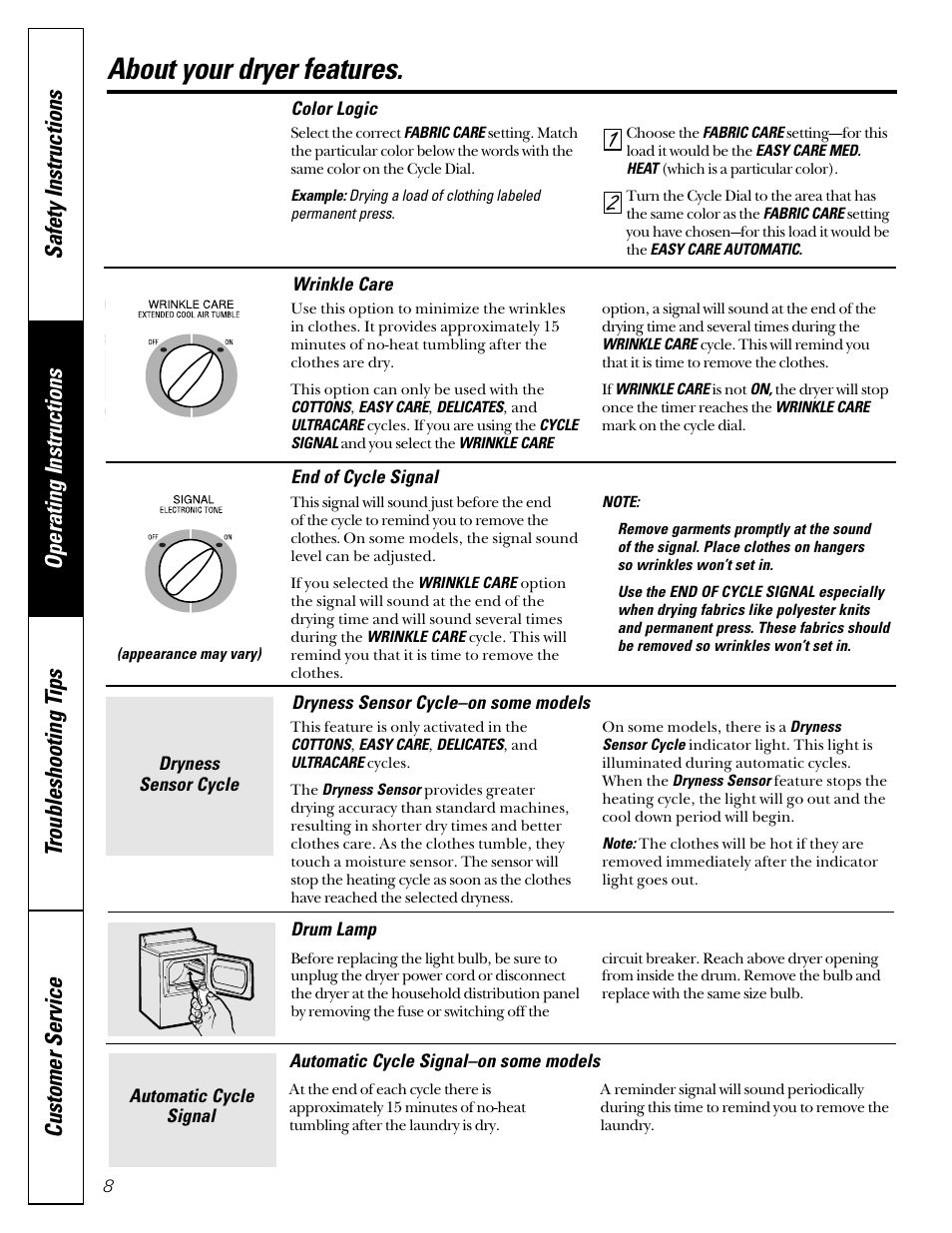 Features, Features , 9, About your dryer features | GE Profile 465 User Manual | Page 8 / 52