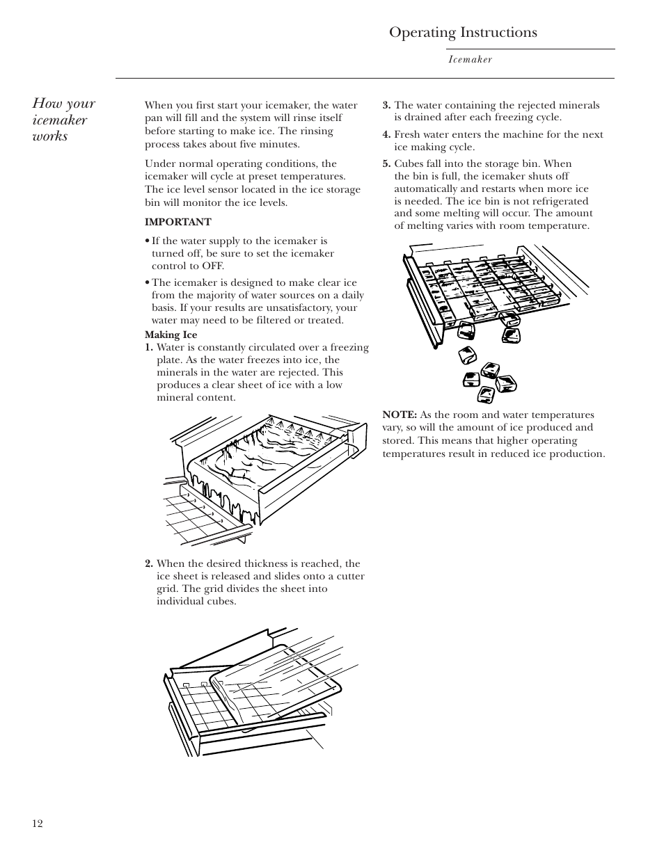 Operating instructions, How your icemaker works | GE ZDIS15 User Manual | Page 12 / 24