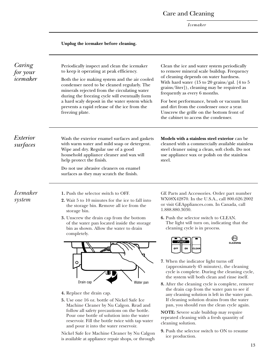 Icemaker system, Care and cleaning, Caring for your icemaker | Exterior surfaces | GE ZDIS15 User Manual | Page 13 / 24
