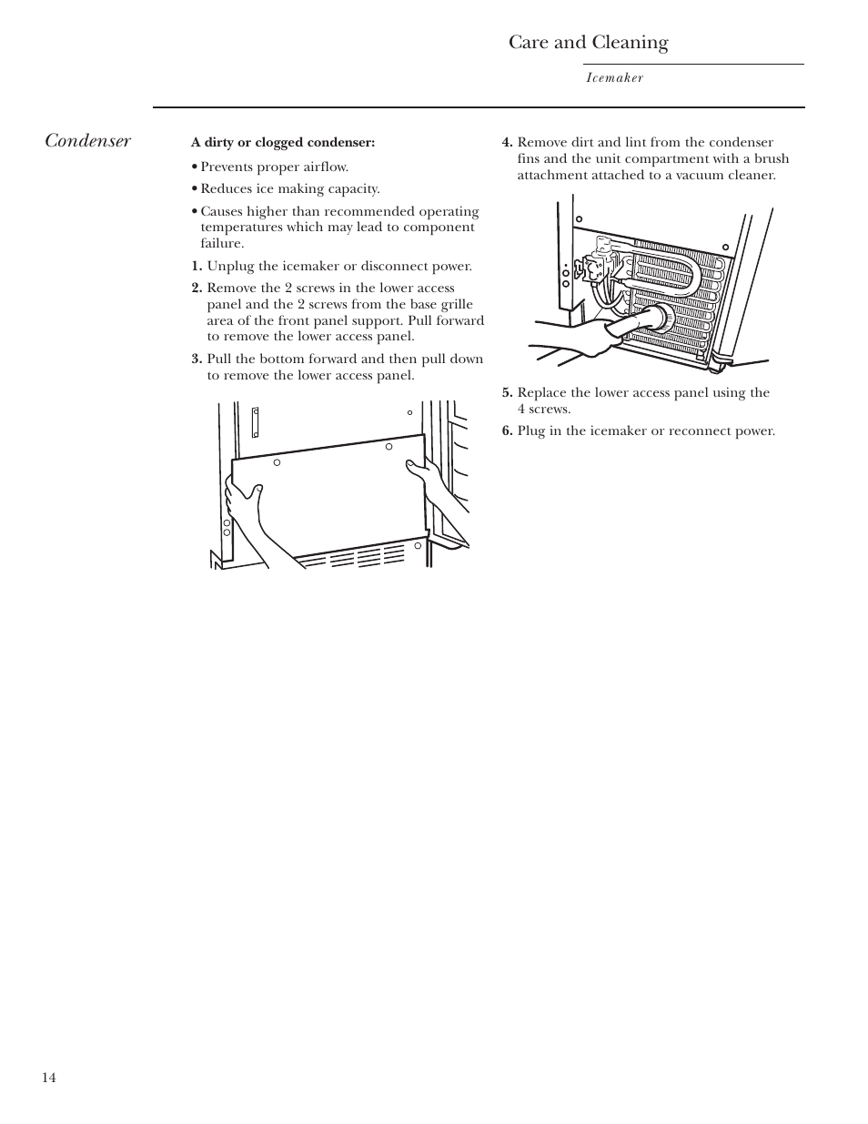 Care and cleaning, Condenser | GE ZDIS15 User Manual | Page 14 / 24