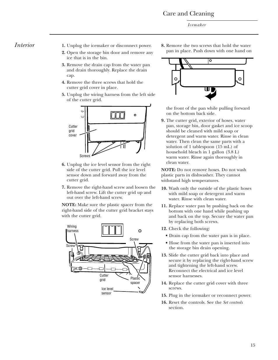 Care and cleaning, Interior | GE ZDIS15 User Manual | Page 15 / 24