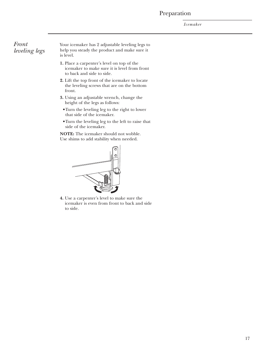 Preparation, Front leveling legs | GE ZDIS15 User Manual | Page 17 / 24