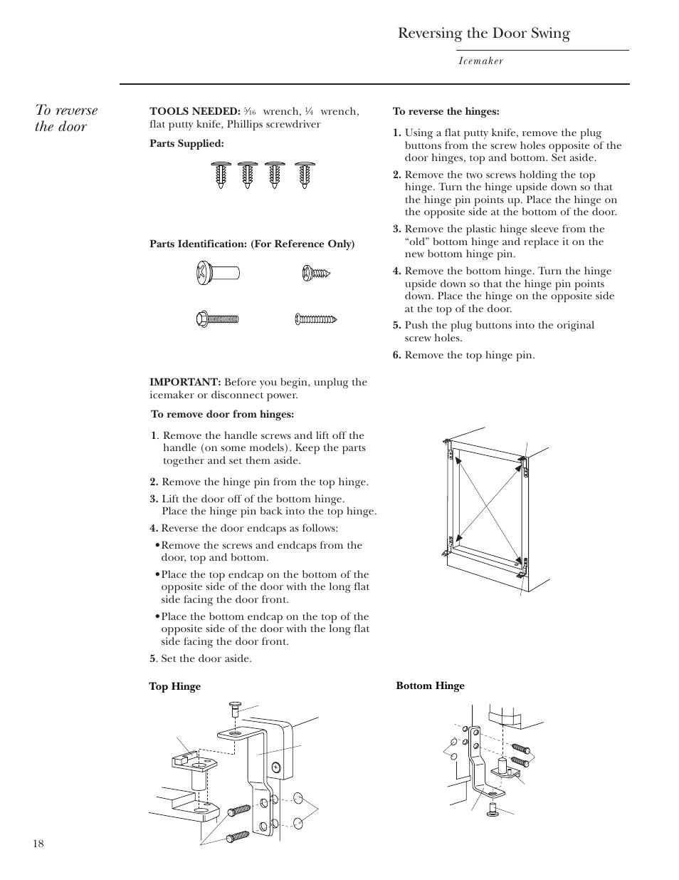 Reversing the door swing | GE ZDIS15 User Manual | Page 18 / 24