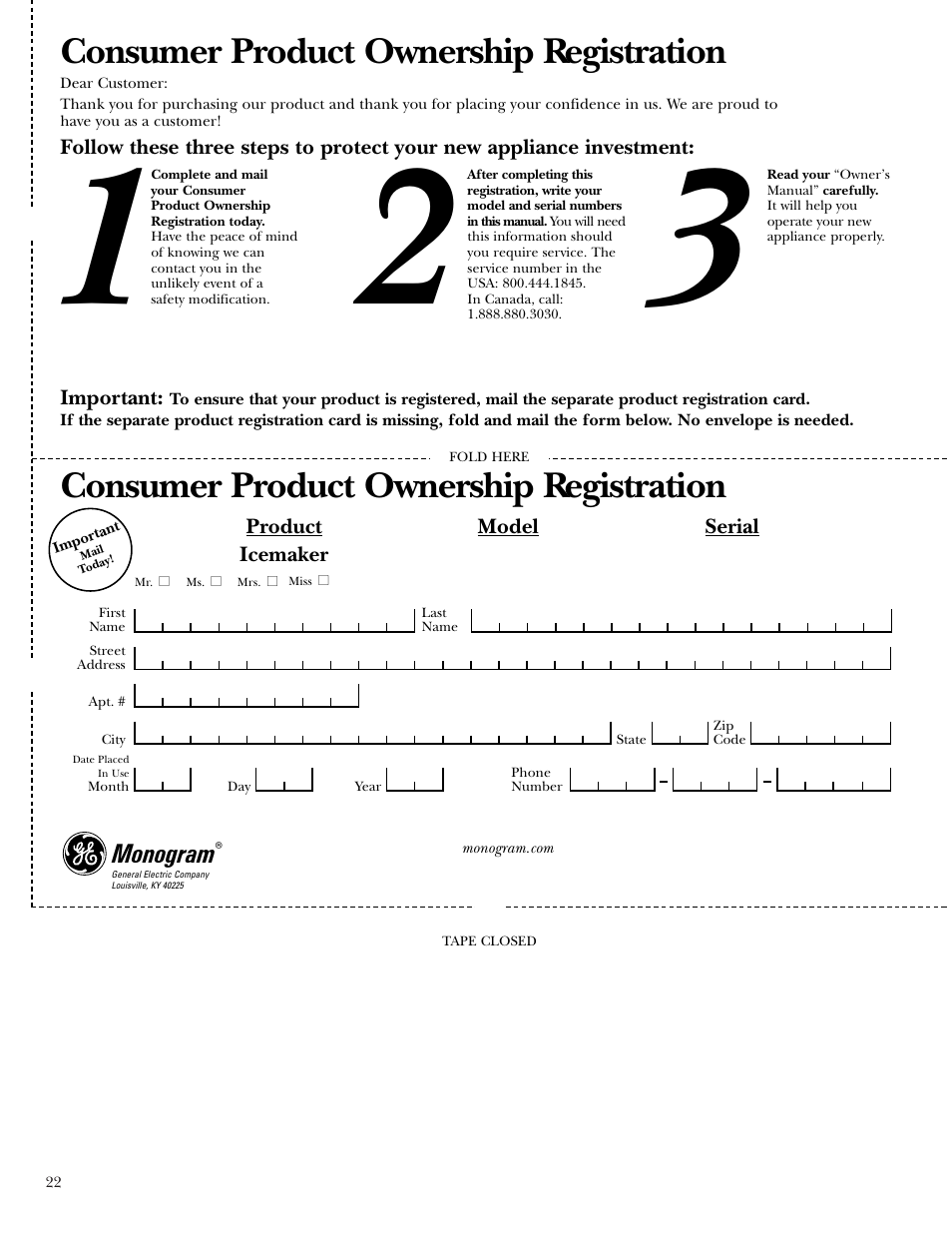 Consumer product ownership registration | GE ZDIS15 User Manual | Page 22 / 24