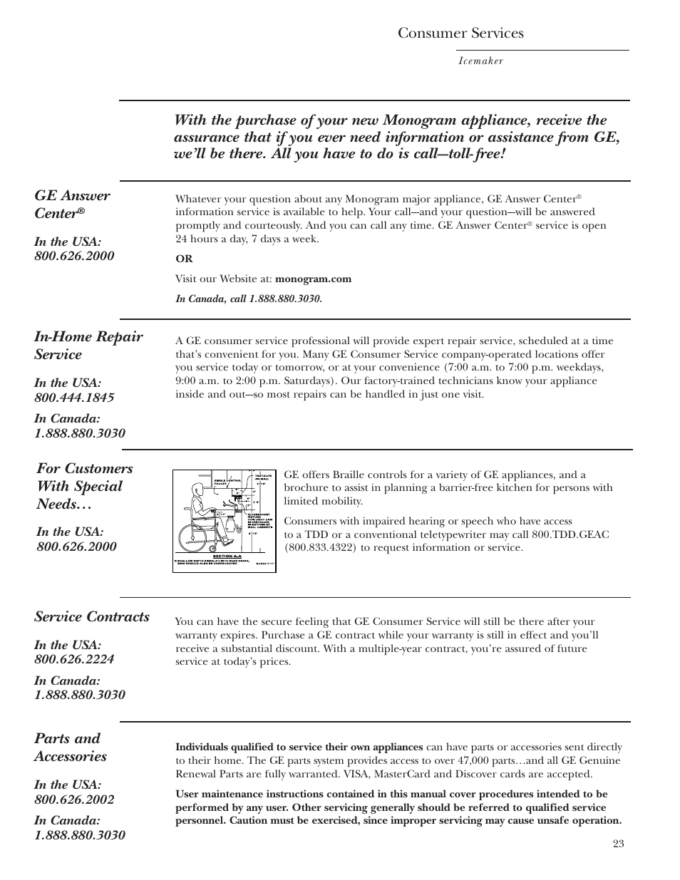 Consumer services, In-home repair service, Service contracts | Parts and accessories, For customers with special needs | GE ZDIS15 User Manual | Page 23 / 24