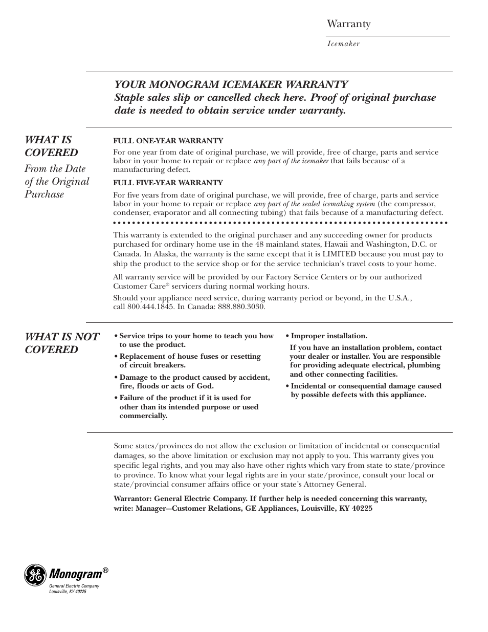Monogram, Warranty, What is not covered | GE ZDIS15 User Manual | Page 24 / 24