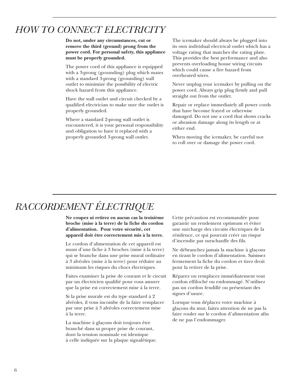 How to connect electricity, Raccordement électrique | GE ZDIS15 User Manual | Page 6 / 24