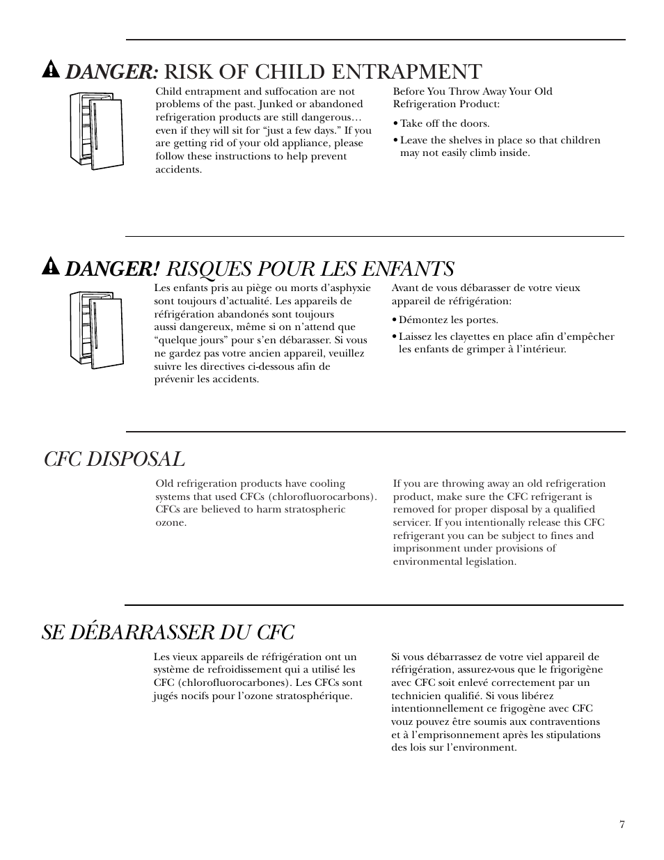 Cfc disposal, Danger: risk of child entrapment, Danger! risques pour les enfants | Se débarrasser du cfc | GE ZDIS15 User Manual | Page 7 / 24