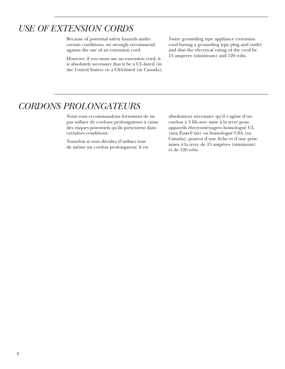 Use of extension cords, Cordons prolongateurs | GE ZDIS15 User Manual | Page 8 / 24