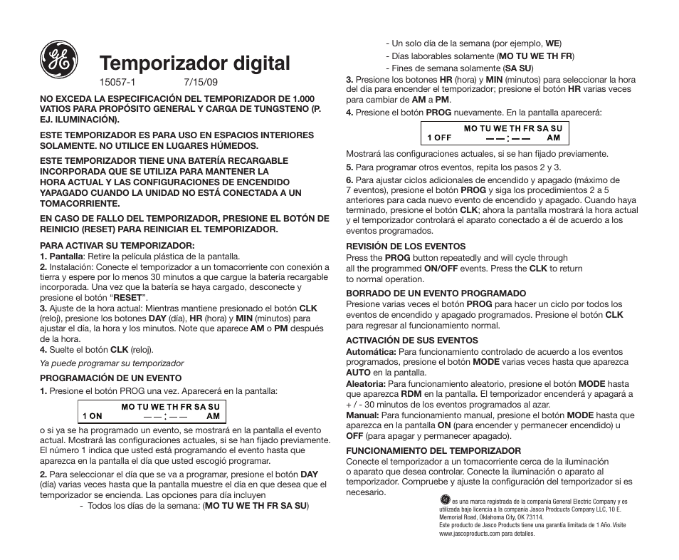 Temporizador digital | GE 15057-1 User Manual | Page 2 / 2