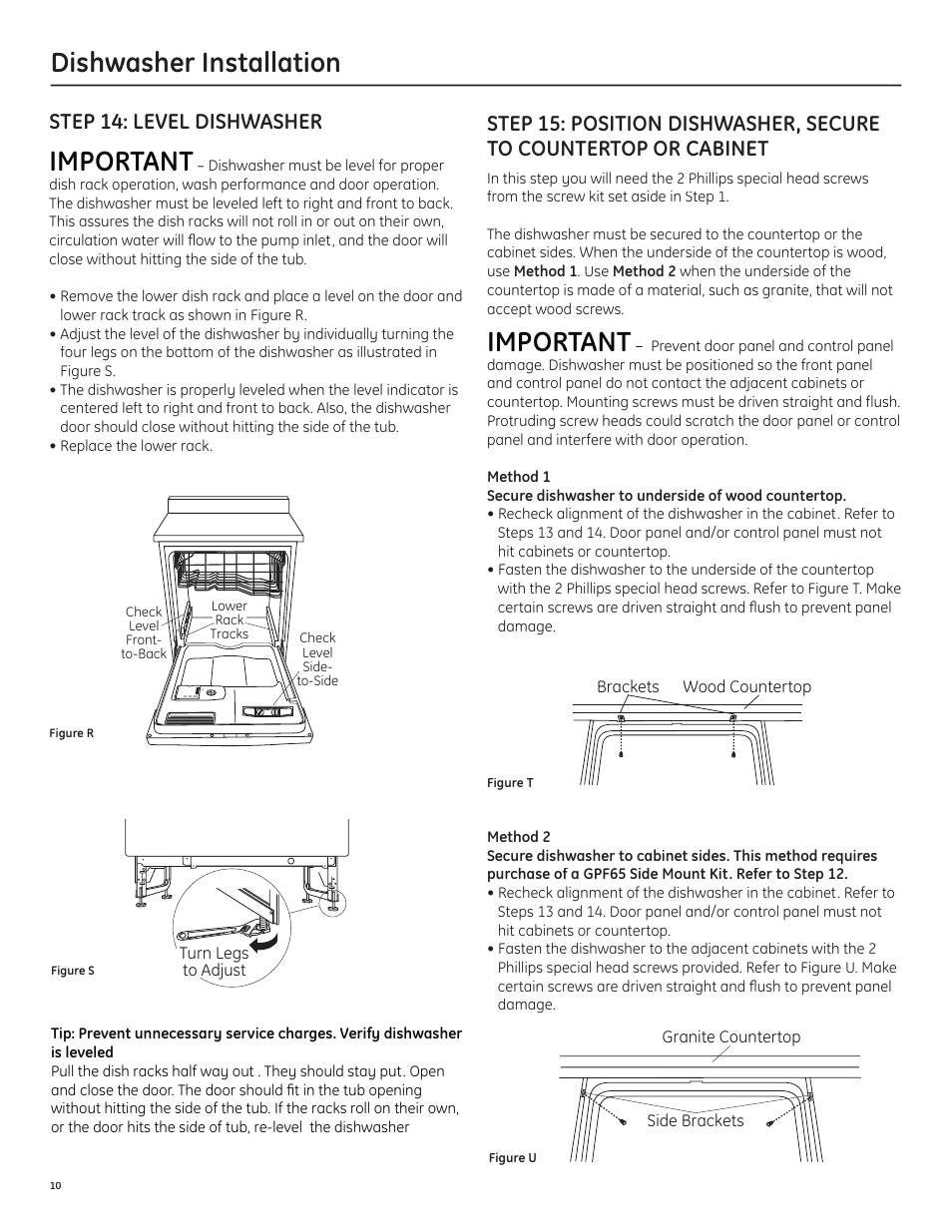 Dishwasher installation, Important, Step 14: level dishwasher | GE GLD6500LWW/CC/BB User Manual | Page 10 / 16