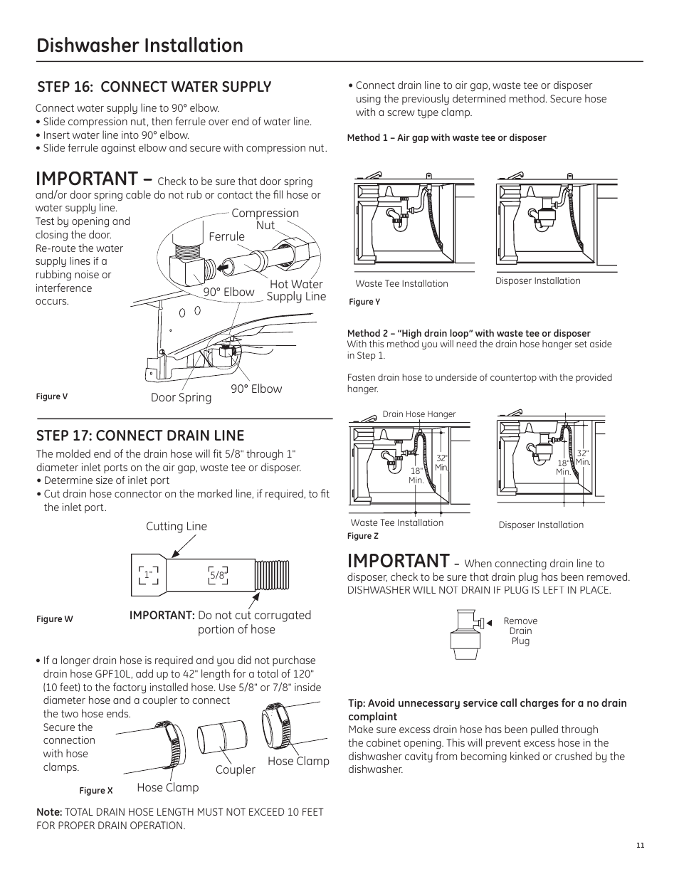 Important, Step 17: connect drain line, Step 16: connect water supply | GE GLD6500LWW/CC/BB User Manual | Page 11 / 16