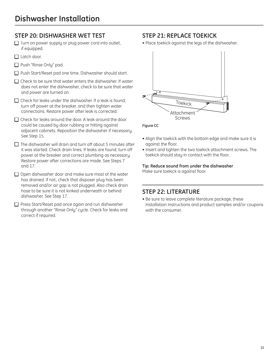 Dishwasher installation, Step 20: dishwasher wet test, Step 21: replace toekick | Step 22: literature | GE GLD6500LWW/CC/BB User Manual | Page 13 / 16