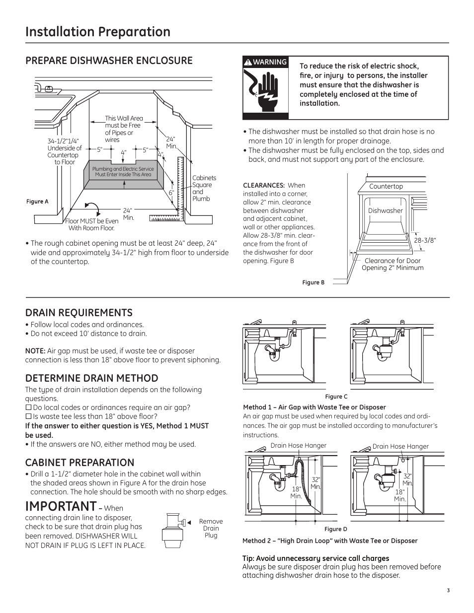 Important, Installation preparation, Prepare dishwasher enclosure | Drain requirements, Determine drain method, Cabinet preparation | GE GLD6500LWW/CC/BB User Manual | Page 3 / 16