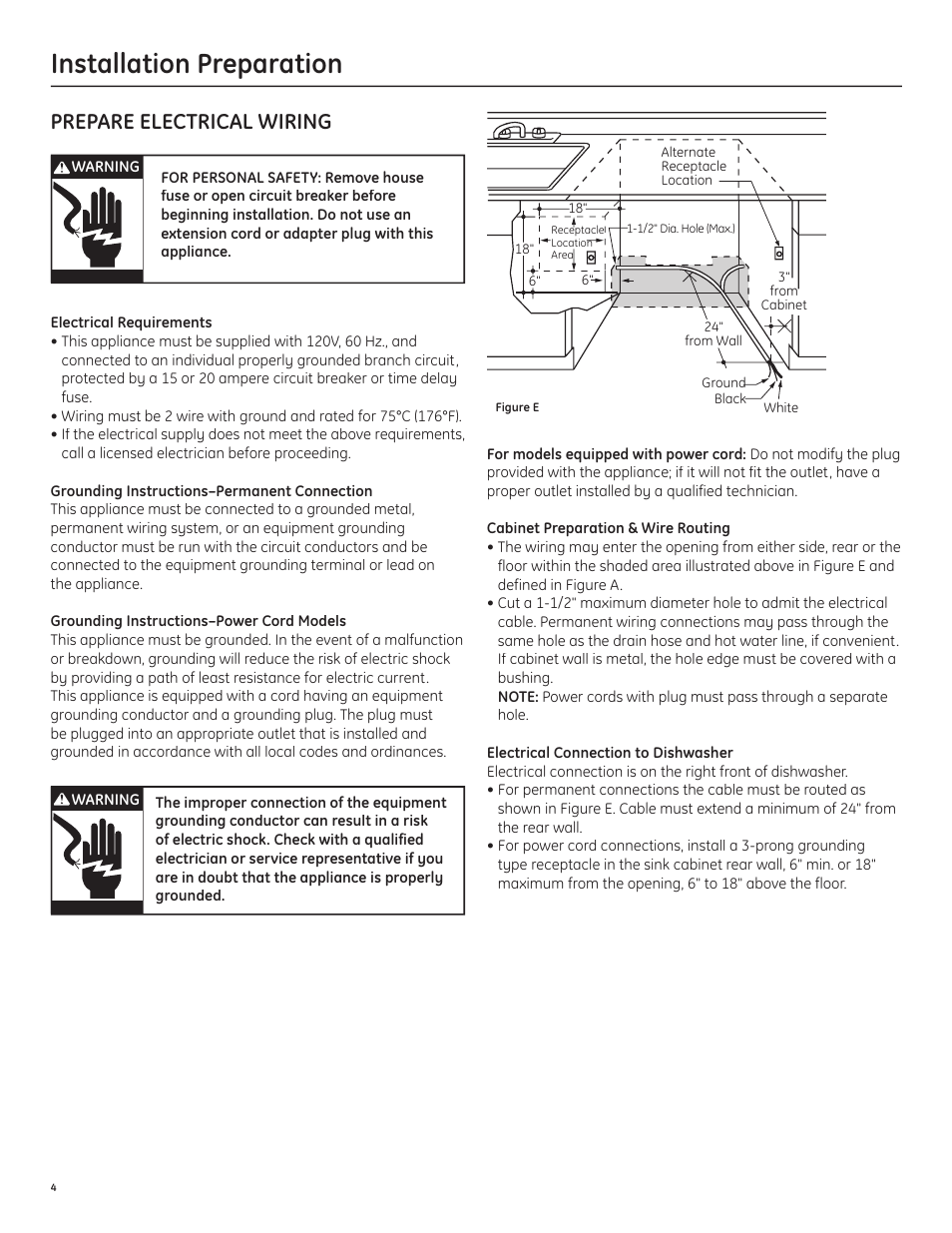 Installation preparation, Prepare electrical wiring | GE GLD6500LWW/CC/BB User Manual | Page 4 / 16
