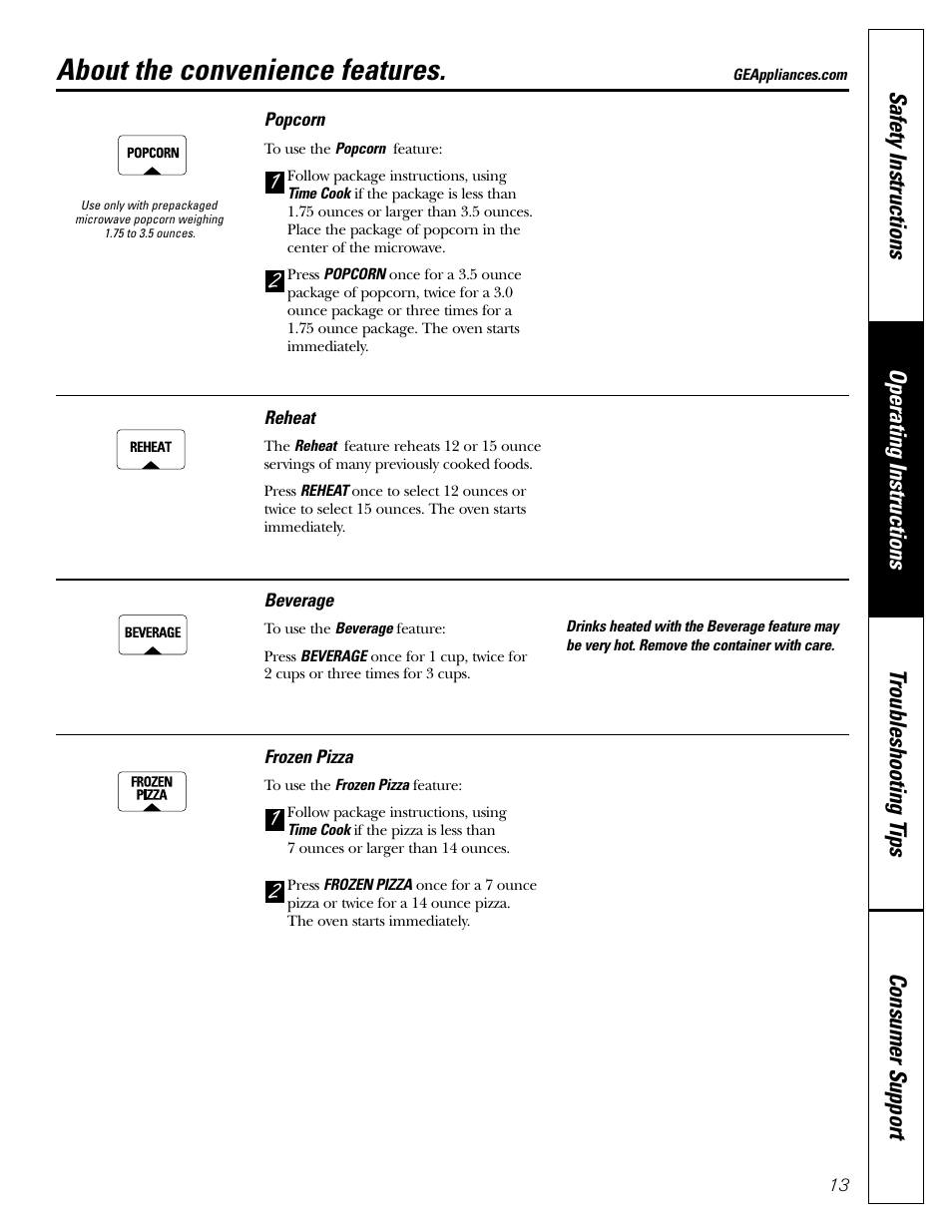 Convenience features, Convenience features –15, About the convenience features | GE JE1140 User Manual | Page 13 / 24