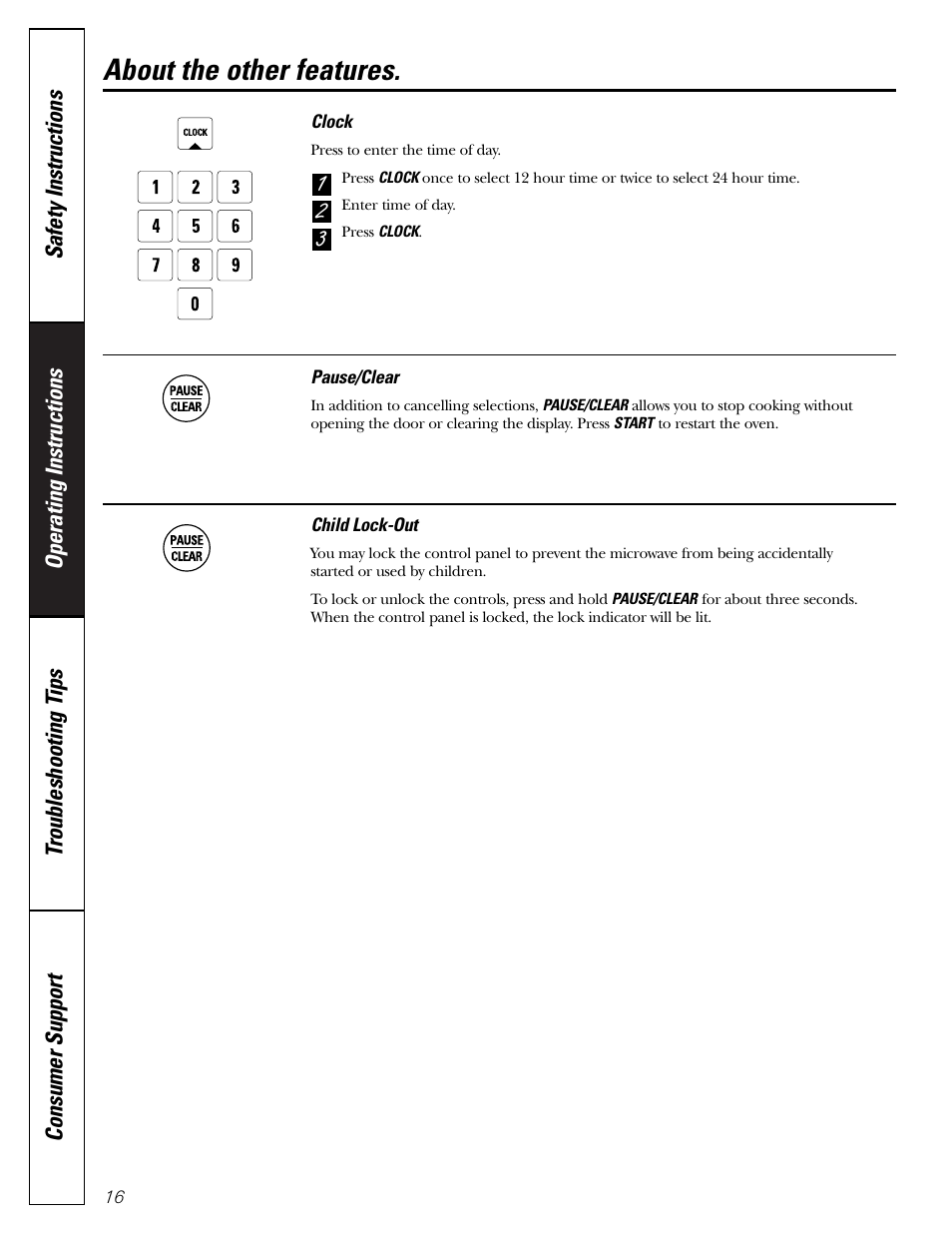 Other features, Other features , 17, About the other features | GE JE1140 User Manual | Page 16 / 24