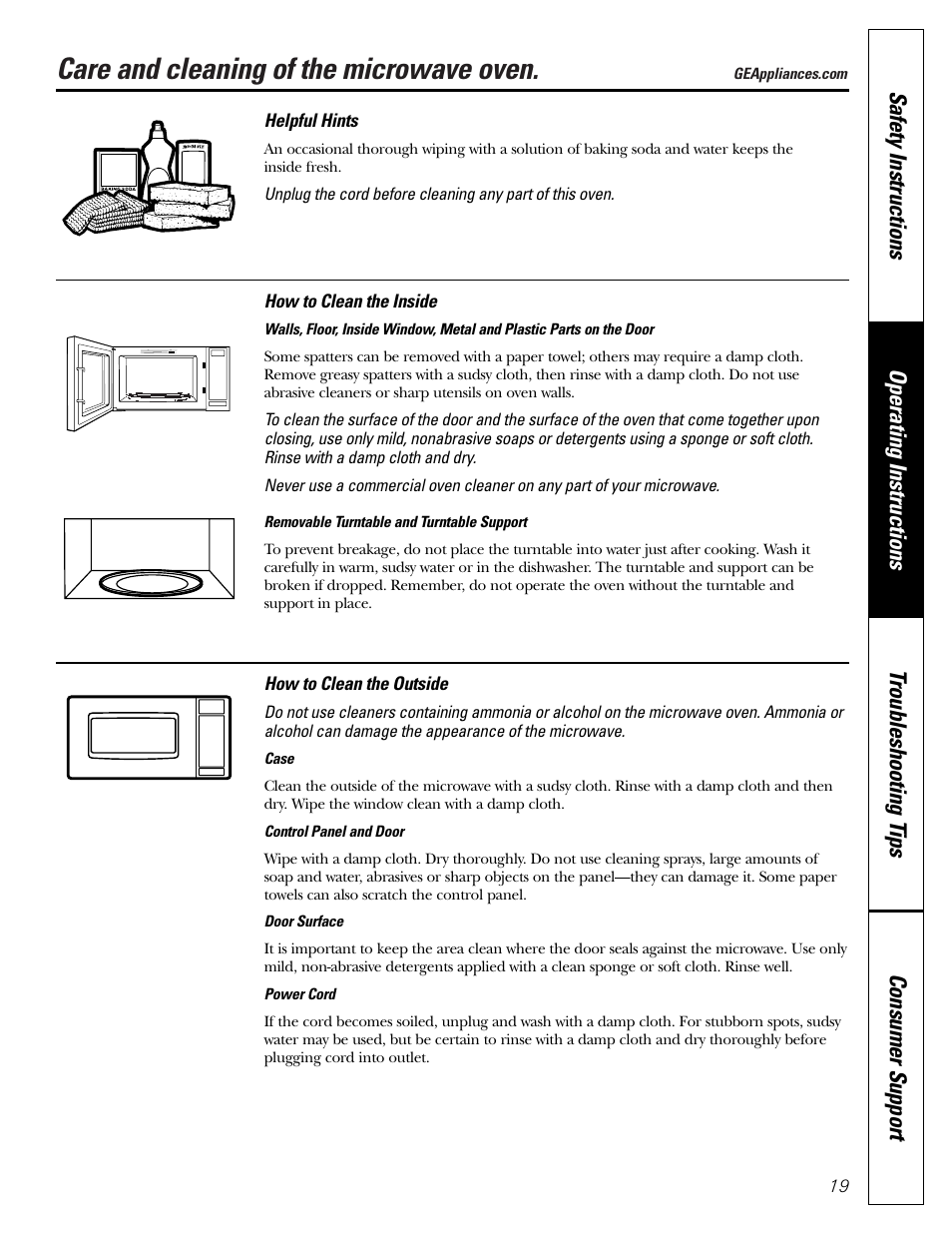 Care and cleaning, Care and cleaning of the microwave oven | GE JE1140 User Manual | Page 19 / 24