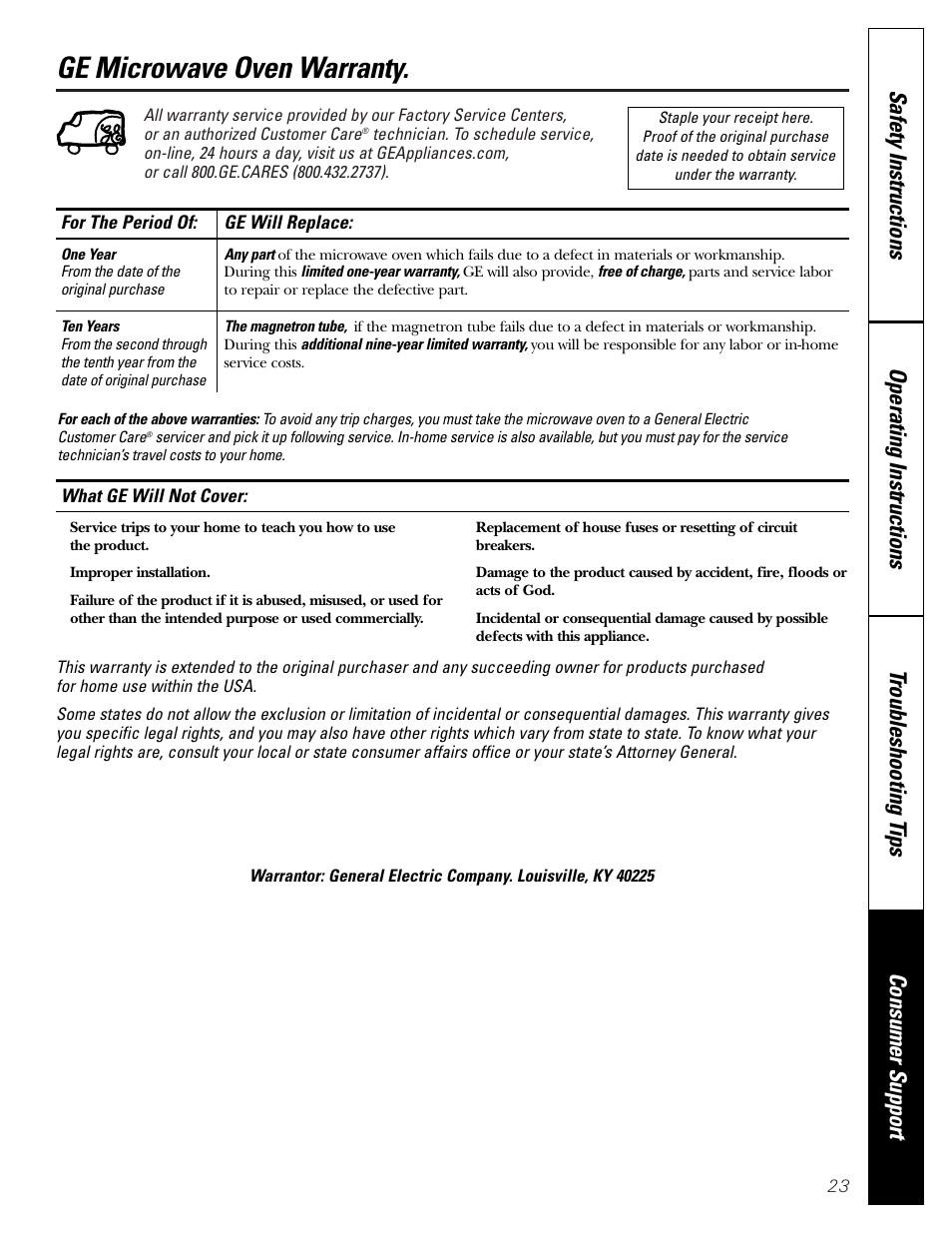 Warranty, Ge microwave oven warranty | GE JE1140 User Manual | Page 23 / 24