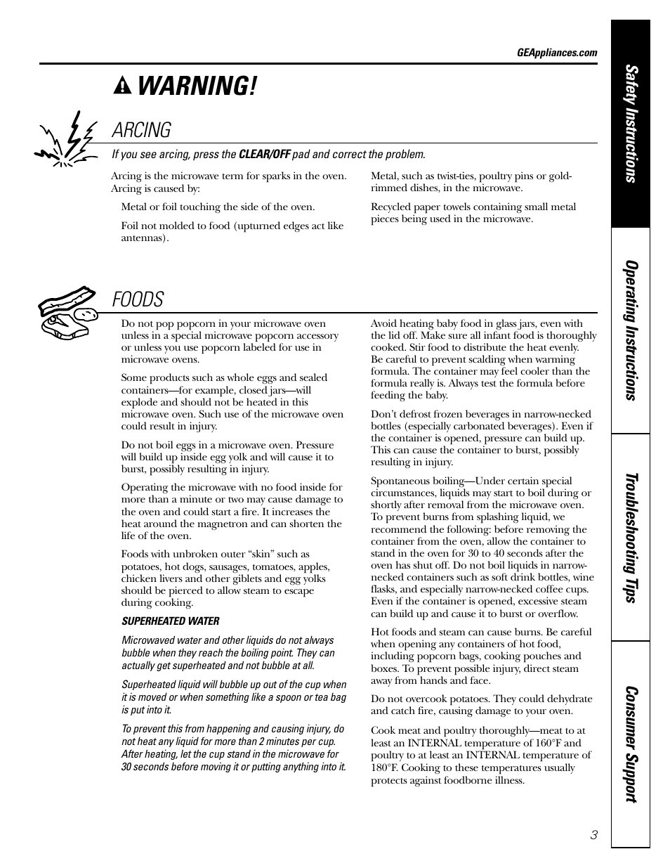 Warning, Arcing, Foods | GE JE1140 User Manual | Page 3 / 24