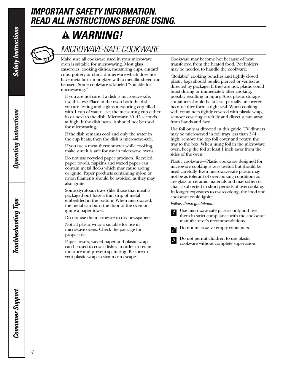 Warning | GE JE1140 User Manual | Page 4 / 24